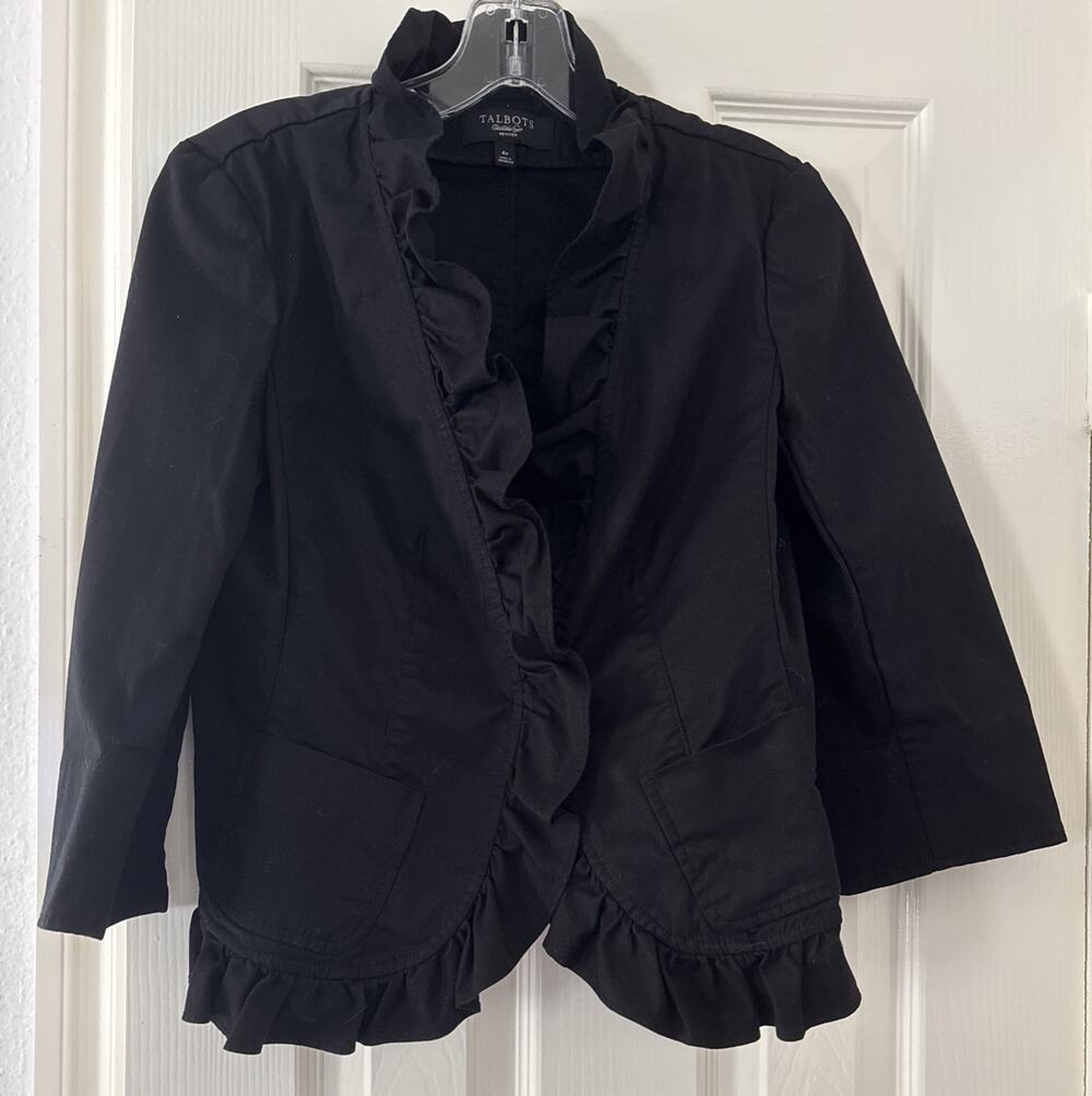 Talbots Petites Black Ruffle Front Blazer Jacket Size 4P Open Front Lightweight
